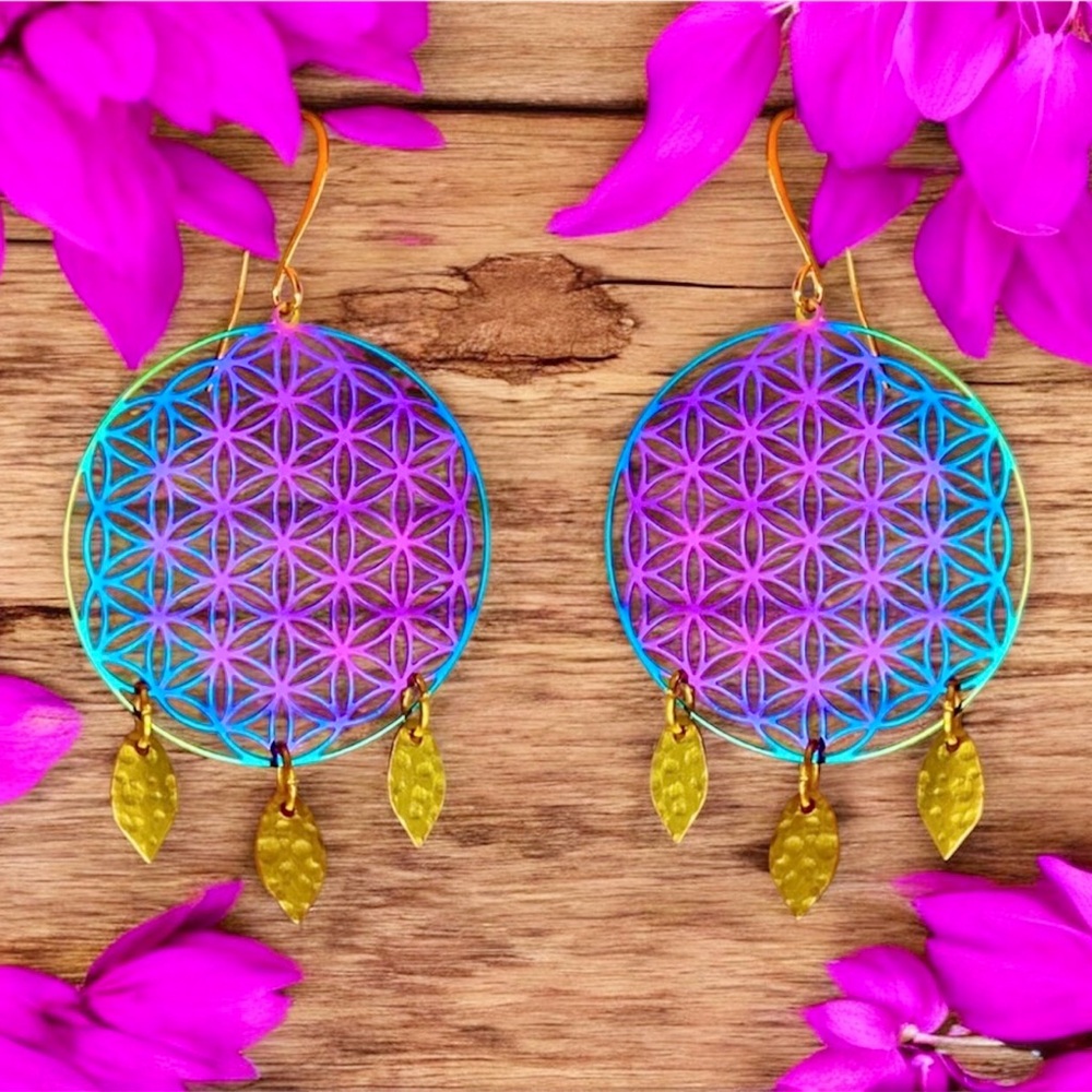 Sacred Geometry Earrings Rainbow Iridescent Genuine Gold-Plated Hooks Handmade